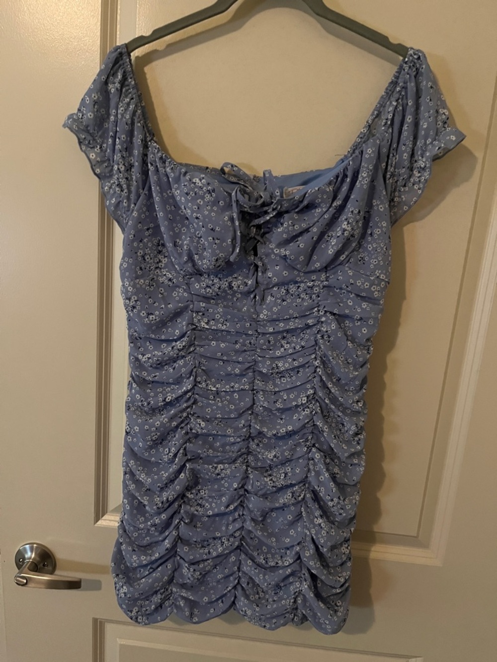 Blush Blue Floral Ruched Tie-Front Mini Dress milkmaid boho chic spring size L